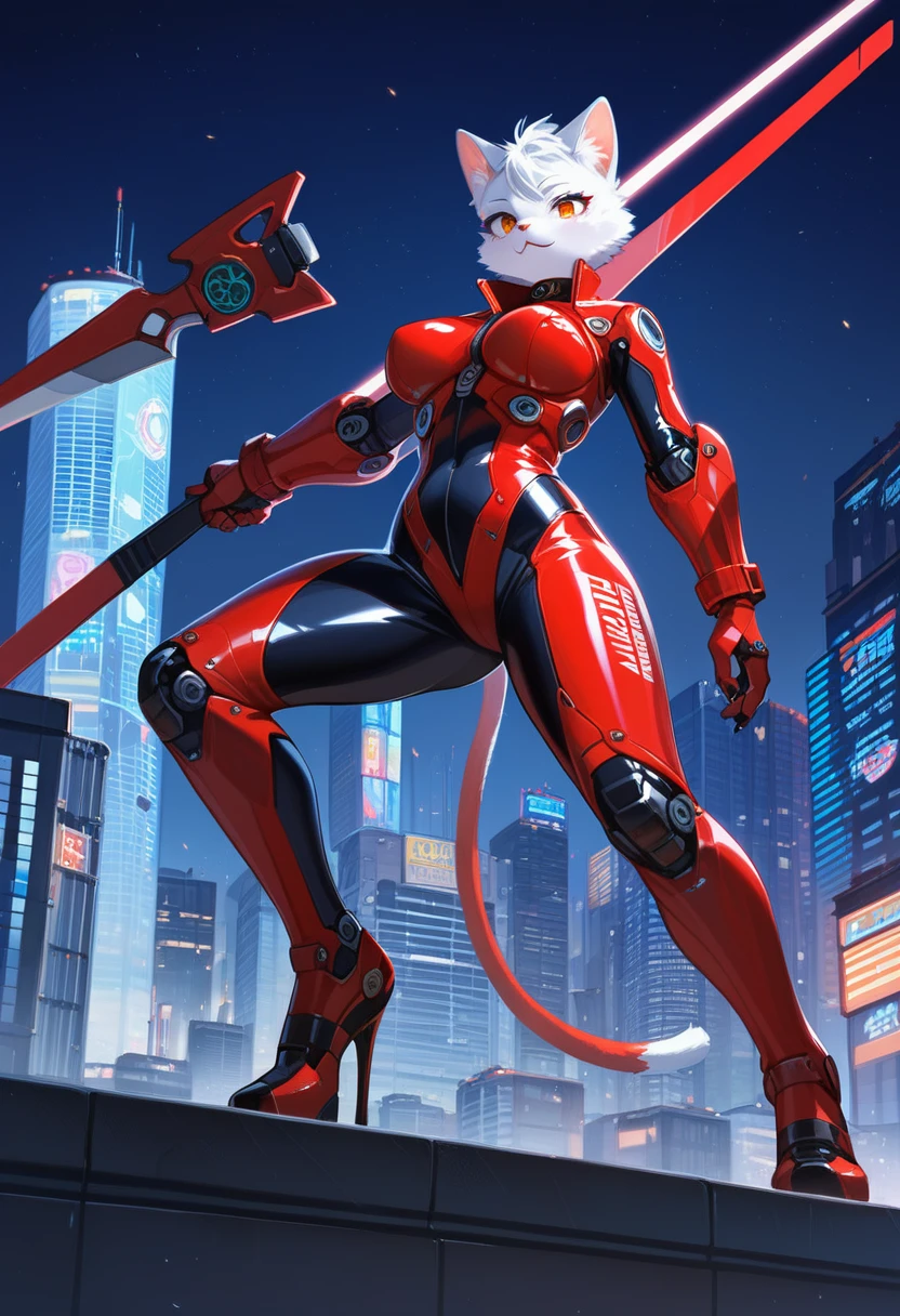 animation, Highest quality, Highest quality, High quality illustrations, masterpiece, Ultra-high resolution, Detailed Background, skyscraper, Rooftop, night, Absurd, Perfect Anatomy, performance, Good lighting, Shadows in the movies(kemono, Furry PersonifiCation), Cat, woman, White Skin, Red Rubber Suit, latex, neon, neonライト, neonカラー, Bodysuits, Cyber Suit, Mech Suit, Rubber Half Jacket, cyber punk, Blade Runner, Holding a blade