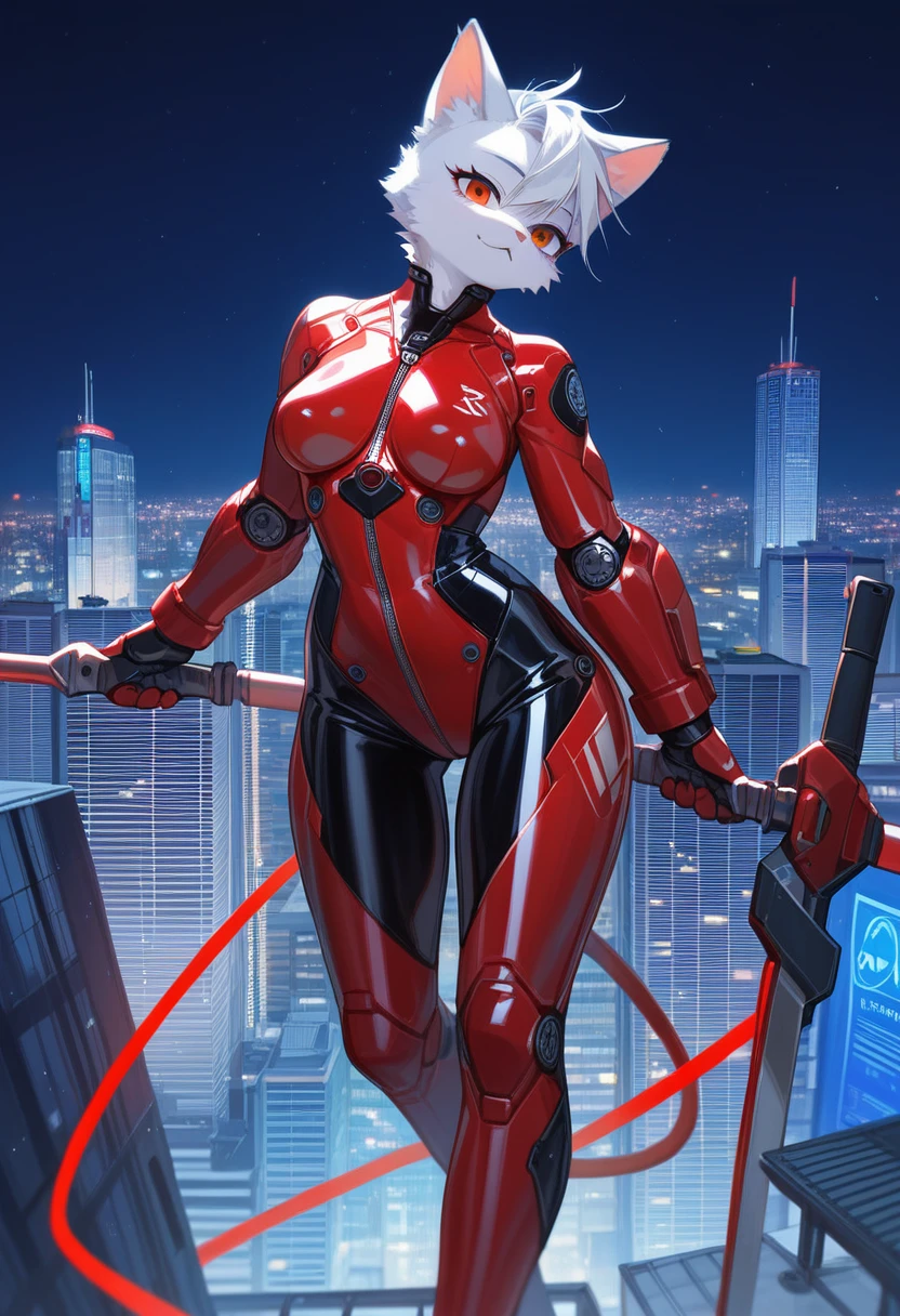 animation, Highest quality, Highest quality, High quality illustrations, masterpiece, Ultra-high resolution, Detailed Background, skyscraper, Rooftop, night, Absurd, Perfect Anatomy, performance, Good lighting, Shadows in the movies(kemono, Furry PersonifiCation), Cat, woman, White Skin, Red Rubber Suit, latex, neon, neonライト, neonカラー, Bodysuits, Cyber Suit, Mech Suit, Rubber Half Jacket, cyber punk, Blade Runner, Holding a blade