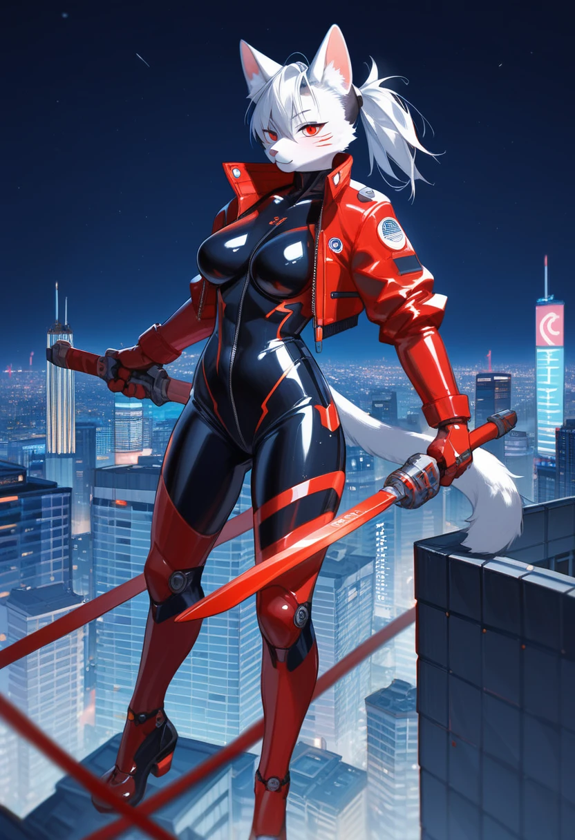 animation, Highest quality, Highest quality, High quality illustrations, masterpiece, Ultra-high resolution, Detailed Background, skyscraper, Rooftop, night, Absurd, Perfect Anatomy, performance, Good lighting, Shadows in the movies(kemono, Furry PersonifiCation), Cat, woman, White Skin, Red Rubber Suit, latex, neon, neonライト, neonカラー, Bodysuits, Cyber Suit, Mech Suit, Rubber Half Jacket, cyber punk, Blade Runner, Holding a blade