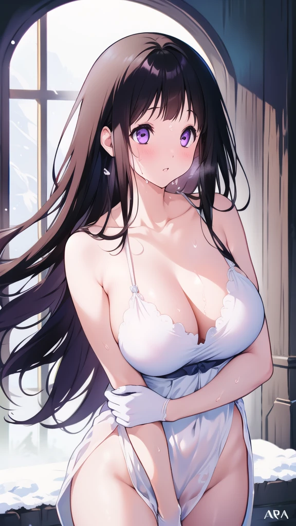 Amazing Chitanda, There is only one beautiful girl,Purple Eyes, Black Hair, Very red face,Very white skin,Glowing skin,Skin as delicate as porcelain,Naturally straight hair, Straight bangs,Extremely refined,Open lips,Long flowing hair,Beautiful Girl, Like a dream,Slim,Slim waist,Soft, (Sensual), (Kawaii), Dream quality,Beautiful big breasts,White transparent loose dress,Areola,Completely naked,Lower edge of breast,White gloves,Flower decoration,Deep V neckline,Loose neckline,Wide neckline,In school,The wind blows the hair,Place your hands on your inner thighs,Thighs clamp hands,Wet skin,Sweaty and sweaty,Sweating all over,On the snow,Back to,Hips,Side body,Gluteal groove,Completely naked的臀部,Bare back,Completely naked的背部,Light transmission,(no pants),nopan,pussy juice,Bare shoulders,There are no shoulder straps,Bare neck,Exposed collarbone,Exposing breasts,Exposing breasts侧面,Exposing breasts下面,Show your waist,Show your buttocks,Show your thighs,Exposing the groin,(No pants),extremely shy,Ultra-high resolution, (masterpiece:1.2, best quality), (Delicate and beautiful eyes: 1.2), (Beautiful and delicate face)