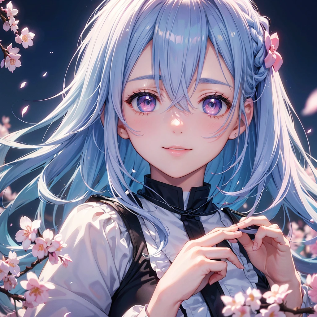 (Light blue medium hair),(Braided hair tied together)、Pink eyes、Fair skin、(whole body)、(uniform)、Cherry Blossoms at Night、A big smile、A dignified figure、solo、(masterpiece、Highest quality、Very detailed、Best Shadow)、(Detailed Background)、(Beautifully detailed face)、High contrast、(Best lighting、Very delicate and beautiful)、((Cinematic Light))、colorful、Hyper Detail、Dramatic Light、Exquisite detail、