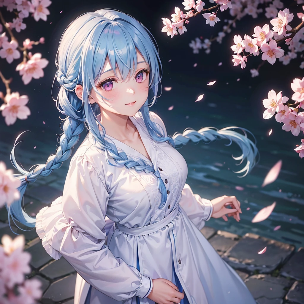 (Light blue medium hair),(Braided hair tied together)、Pink eyes、Fair skin、(whole body)、(uniform)、Cherry Blossoms at Night、A big smile、A dignified figure、solo、(masterpiece、Highest quality、Very detailed、Best Shadow)、(Detailed Background)、(Beautifully detailed face)、High contrast、(Best lighting、Very delicate and beautiful)、((Cinematic Light))、colorful、Hyper Detail、Dramatic Light、Exquisite detail、