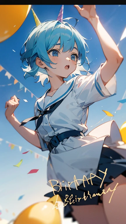 anypose anime adolescente,short and light blue hair birthday girl, celebrating birthday
