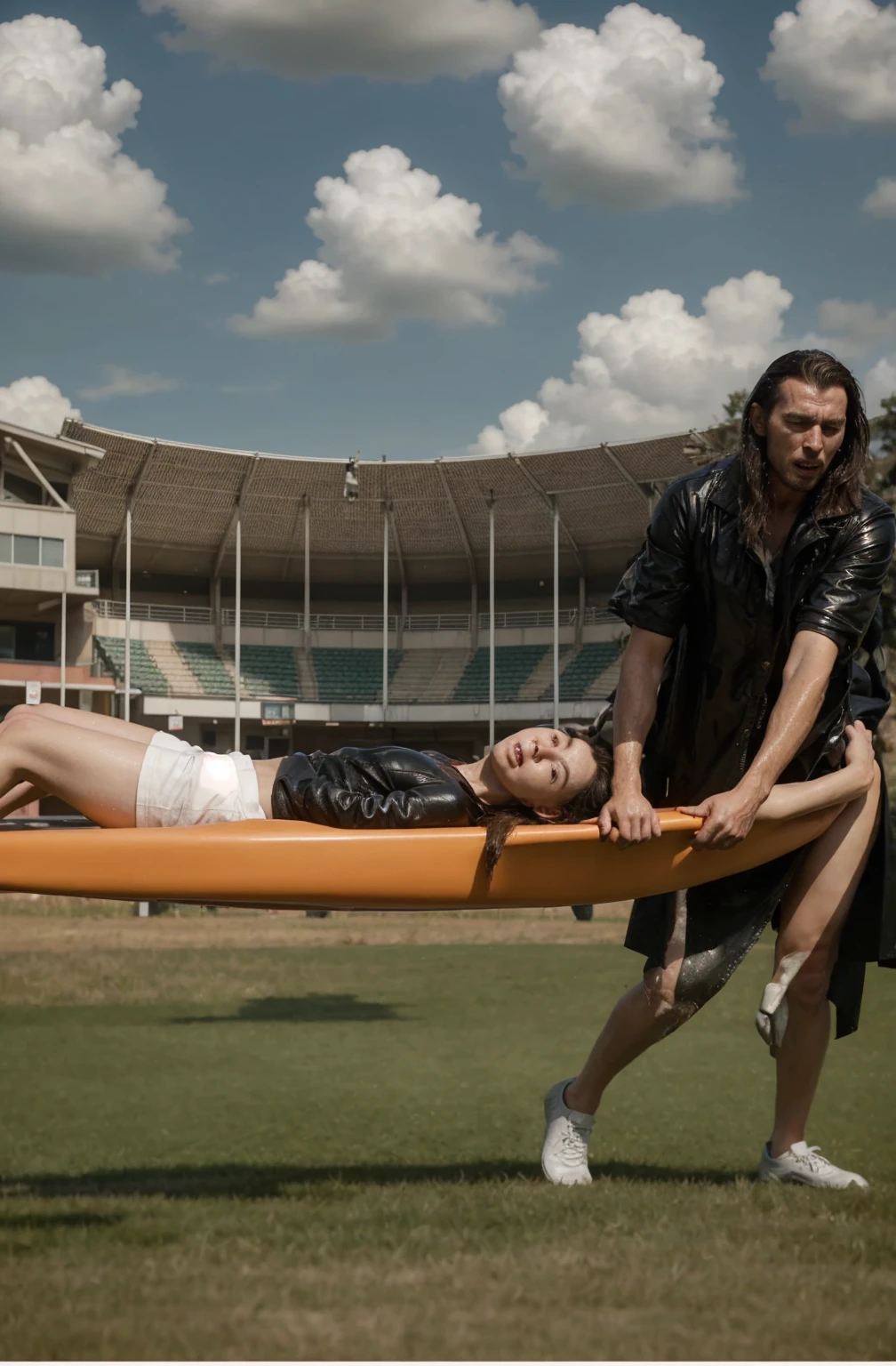 a blond woman is carrying a astretcher on a soccer field, there is a male soccer player in short sportswear lying injured on a stretcher, there is an injured sportsman who is covering his face on a stretcher, an injured sportsman is covering his face with his hands, an injured sportsman is writhing ecstatic in pain on a stretcher, dramatic pity pose, there is a very female woman in a high-shine coat, a high-shine black wetlook coat, a long shiny coat, a wetlook glossy coat, a wet black laquered coat, a very female looking wife is wearing a wetlook coat, injured, medic, soccer action pose, affection pose, lecherous action pose, dramatic action pose, theatralic pose, there is an attractive woman that is carrying a suffering man on a stretcher, there is a beautiful woman in a shiny coat who is carrying a blond man on a wet orange stretcher, a longhaired beautiful woman in a high-shine coat, a longhaired woman in a shiny downcoat, a woman is carrying a stretcher with a shorthaired man who is wearing shorts and a t-shirt, a weak man in spots shorts is consciousless and needs to be carried on a wetlook pvc stretcher, a shorthaired man with closed eyes is carried on a stretcher by a longhaired woman, a woman looks very scared and terrified, a consciousless man with closed eyes is suffering very much and has a very painful face, photo, photo shoot, photographed , accident, help, aid, first aid, pity