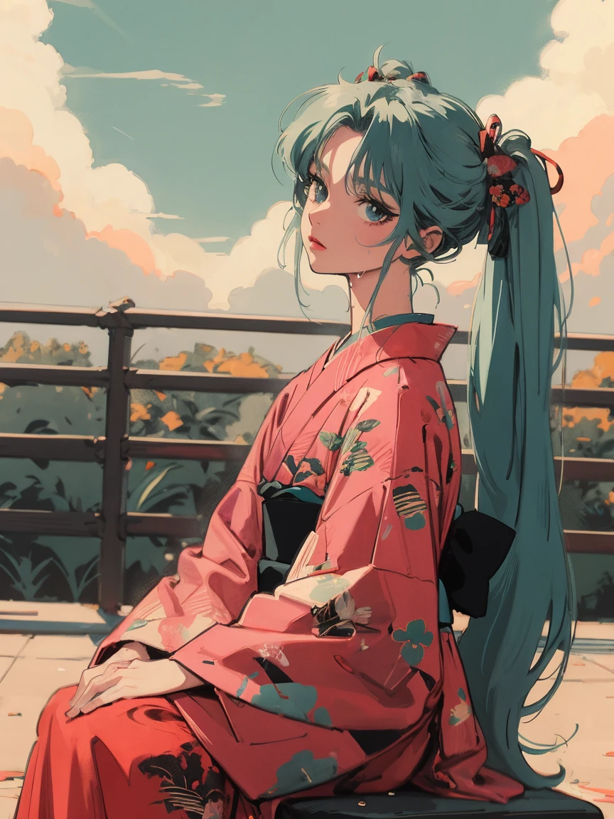 anime girl sitting on floor looking, anime aesthetic, anime vibes, Lofi Artstyle, Lo-fi portrait. anime, Lofty Girl, anime art wallpaper 4 k, anime art wallpaper 4k, anime art wallpaper 8 k, anime background art, Lofi Color, Lofi Art, anime asthetic, Twin tails, kimono, kimono, Countryside view, In nature, Wet day, Outside, Cloudy