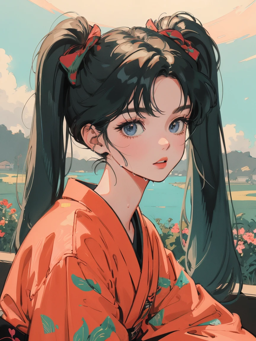 anime girl sitting on floor looking, anime aesthetic, anime vibes, Lofi Artstyle, Lo-fi portrait. anime, Lofty Girl, anime art wallpaper 4 k, anime art wallpaper 4k, anime art wallpaper 8 k, anime background art, Lofi Color, Lofi Art, anime asthetic, Twin tails, kimono, kimono, Countryside view, In nature, Wet day, Outside, Cloudy