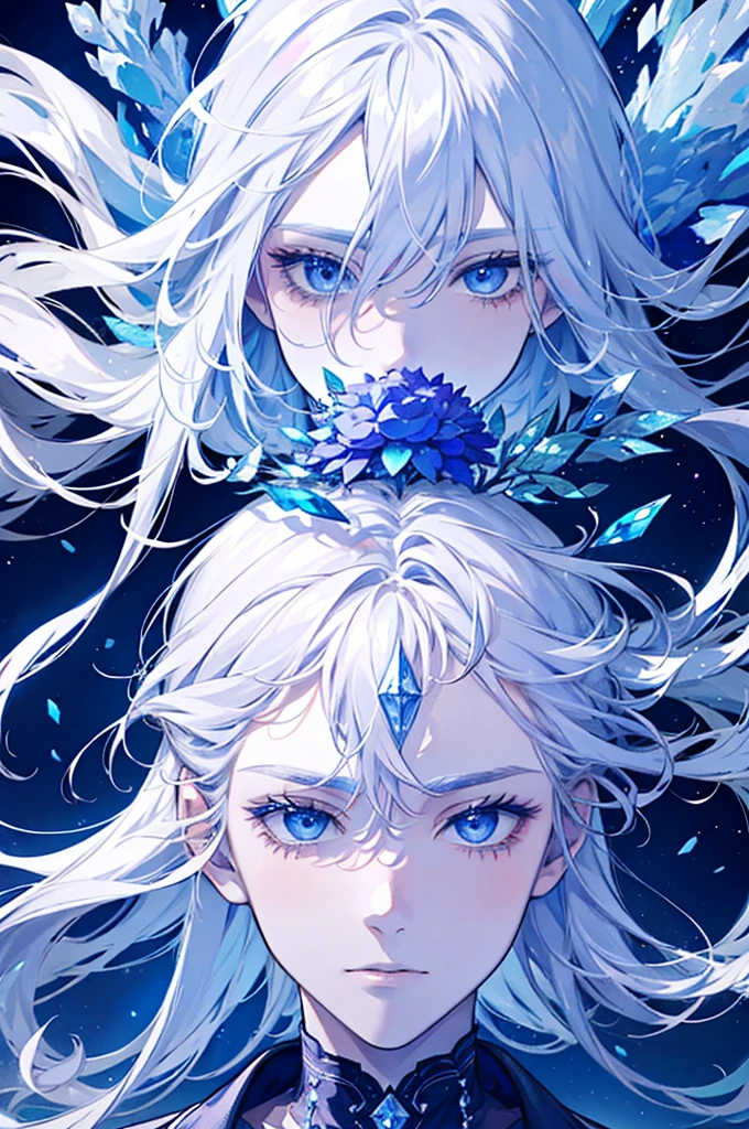 Man surrounded by crystal ice and frozen flowers, Silver hair and crystal blue eyes, with a diamond on his forehead. Have a ice and nature power.