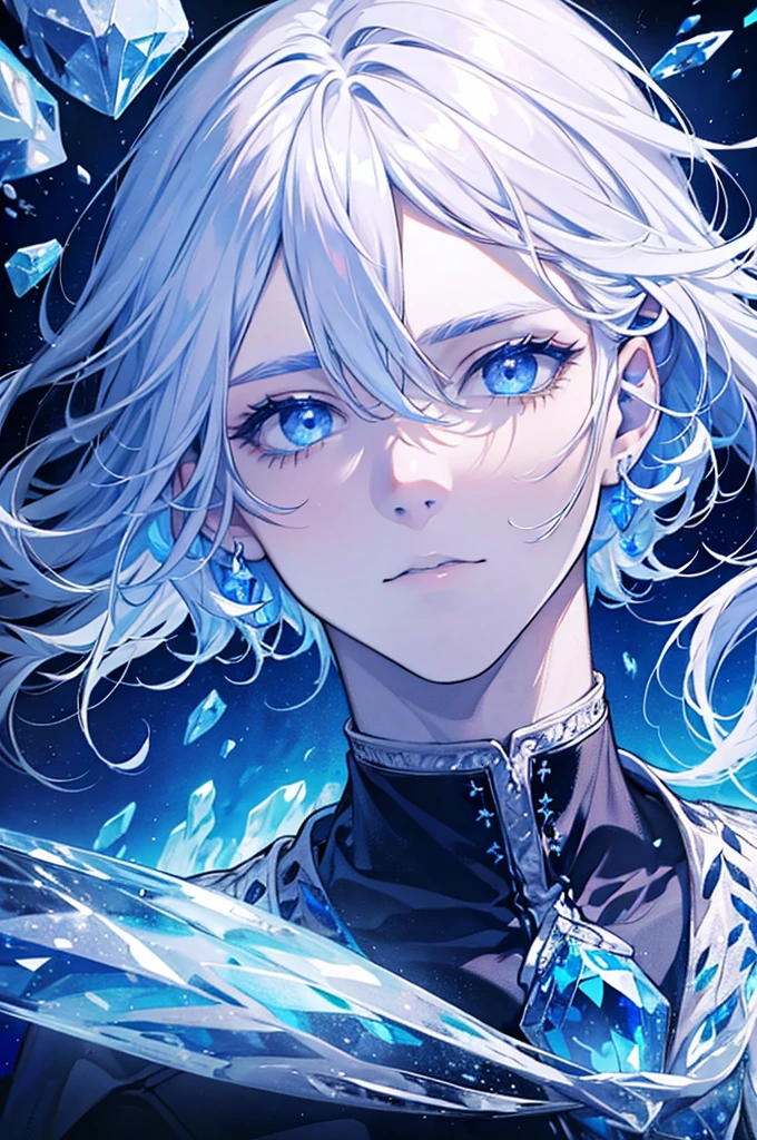 Man surrounded by crystal ice and frozen flowers, Silver hair and crystal blue eyes, with a diamond on his forehead. Have a ice and nature power. 