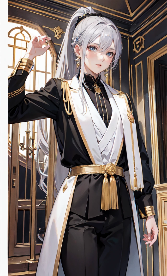 Noble Mansion,(gray hair:2.0),The ponytail is straight and tall.,Gold headband,stand close.,dream world,mature woman,(The phoenix's blue eyes were slender.,lipstick,Long eyelashes),Long eyelashes,contact lens,Gemstone Gold Necklace,(Off-the-shoulder blue fur dress,top of fur pipe,Strapless fur,wide wrist,long skirt,belt:2.0),top of fur pipe(big breast)Ballroom Background,(Soft light and shadow:1.9),High-heeled shoes made of fur,elegant high heels,Detailedly drawn background,(best quality,4K,8ก,High resolution,Masterpiece:1.2),Very detailed,beautiful girl,Enchanted,charming,Cheerfulness,sacred,Magical effect,silver white hair,(((wedding dress))),love eyes,bridal dress,Complicated dress,lace details,bedroom,solitude,during the night,Lace stockings,แถบsacred,See-through transparent clothes, big breasts,Show your breasts,The cracks are clear....,((big tits)),(pubic bone), rift, visible chest,seductive pose,I see bulging nipples.,(((large areolae:1.4,pink,The nipples are clearly visible.......)))
