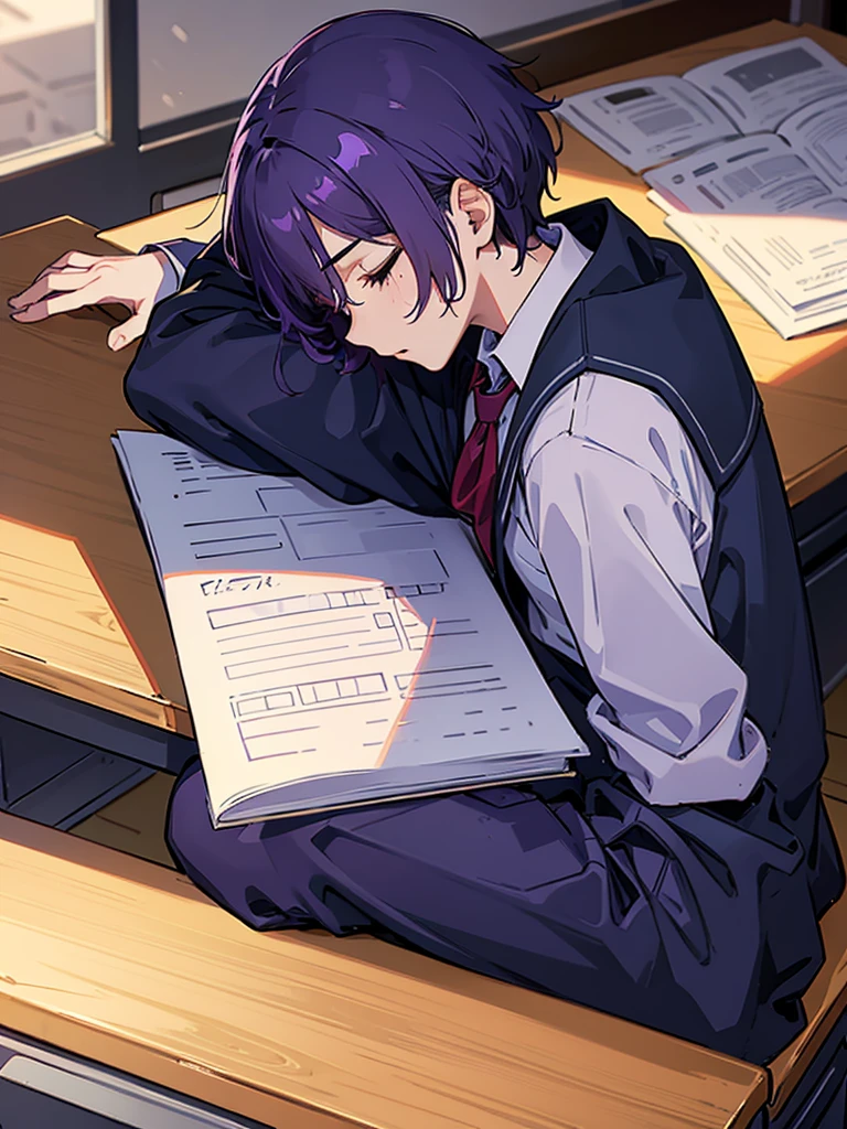 A boy with purple hair,Wearing school uniform,Lying on the desk and taking a nap