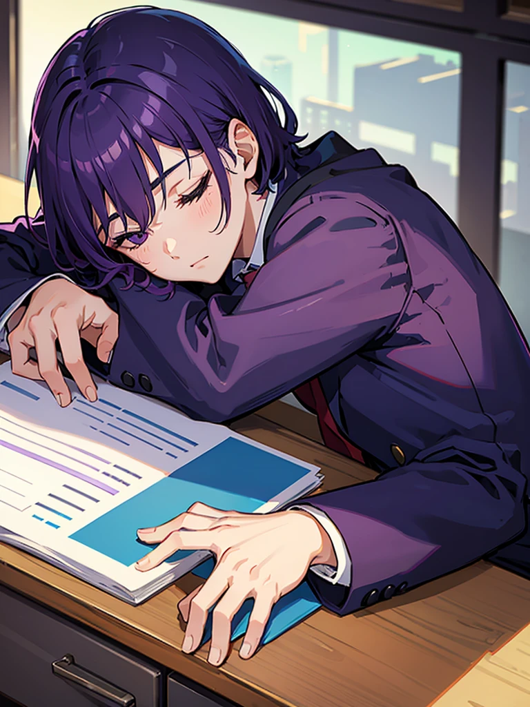 A boy with purple hair，Wearing school uniform，Lying on the desk and taking a nap