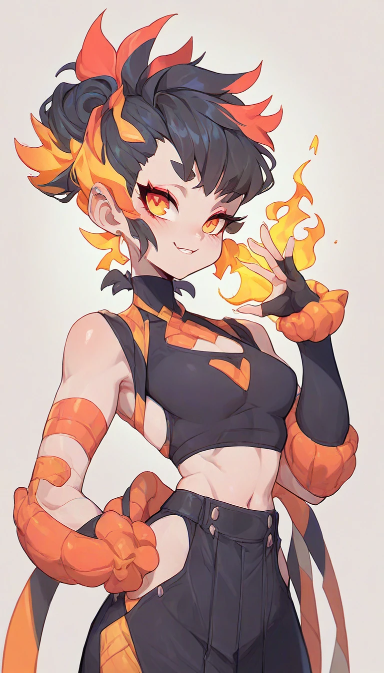eye with a vibrant orange-hued iris, reflecting a flaming atmosphere with Japanese script