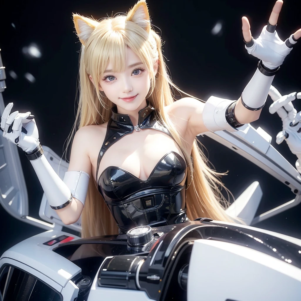 smile、Cat ear、Blonde、Futuristic、Cyber Sense、Left hand waving pose、Real、フォトReal、High resolution、Robot cockpit。