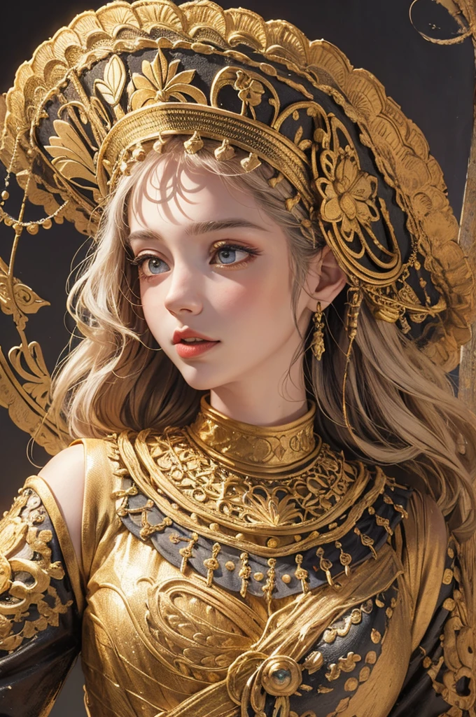 A beautiful woman statue made of golden glass, extremely detailed and photorealistic, hyperrealistic, intricate details, glowing glass skin, serene expression, delicate features, graceful pose, dramatic lighting, studio lighting, HDR, 8K, best quality, masterpiece