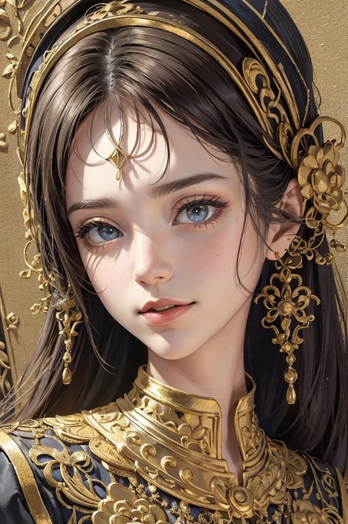 (masterpiece, top quality, best quality, official art, beautiful and aesthetic:1.2), (1girl), extreme detailed,colorful,highest detailed, official art, unity 8k wallpaper, ultra detailed, beautiful and aesthetic, beautiful, masterpiece, best quality, (zentangle, mandala, tangle, entangle) ,holy light,gold foil,gold leaf art,glitter drawing, PerfectNwsjMajic