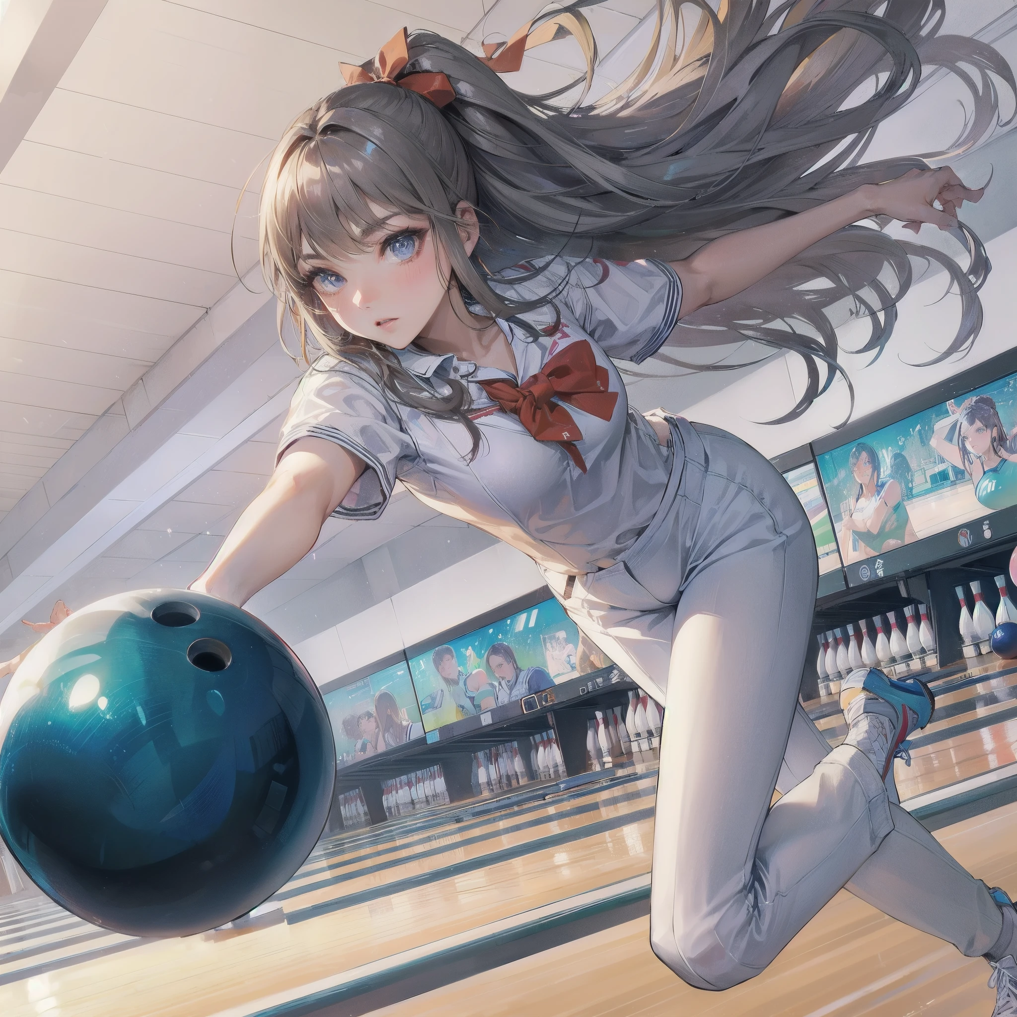 masterpiece, (textured skin), best quality, gorgeous beautiful girl, (a female bowling athlete), detailed clothes,large breasts,narrow waist,, (beautiful face), cinematic lighting, (at bowlingl venue ),
