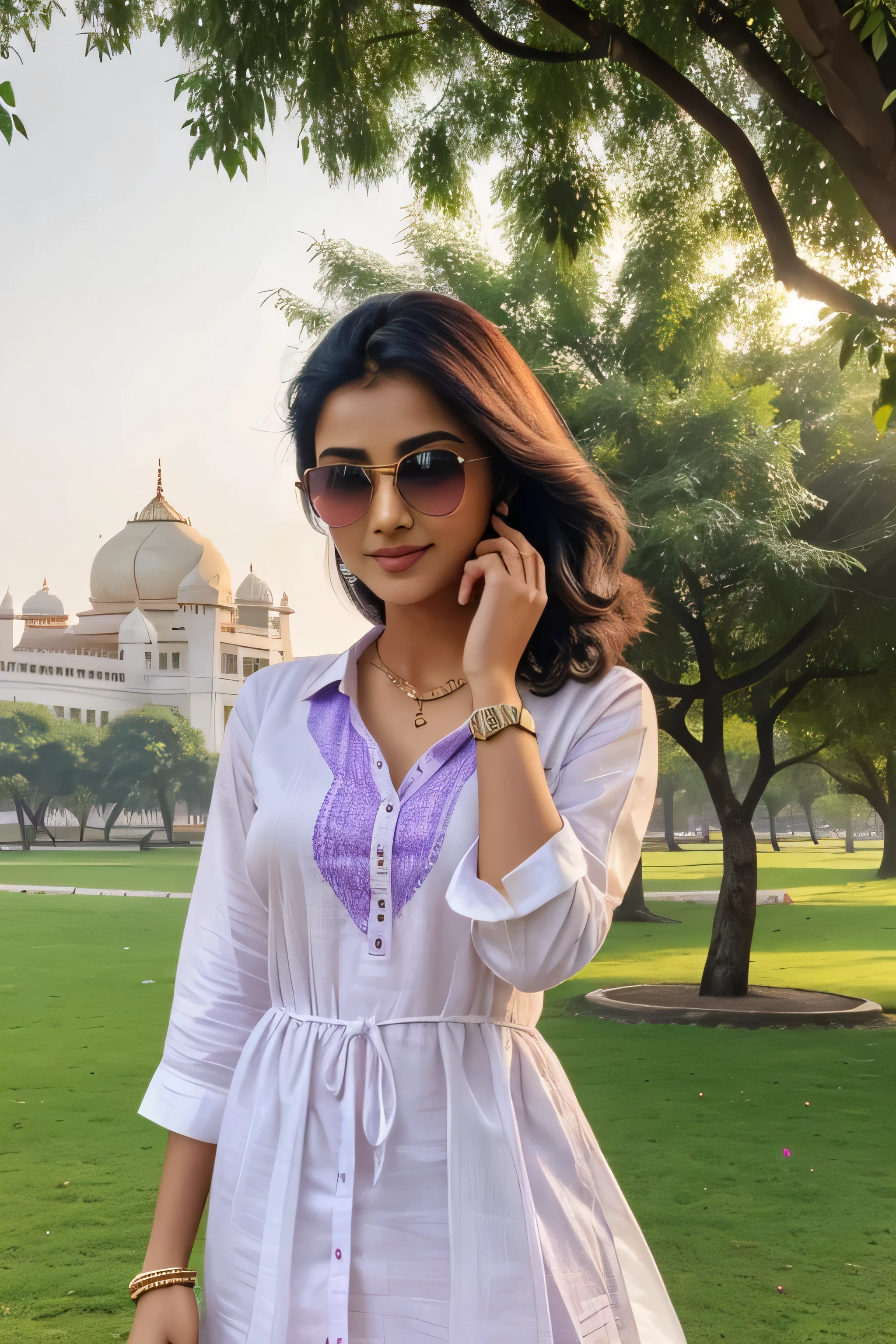 a real 17 years old indian beautiful girl standing with stylish photo soot pose,The girl is slightly bent forward from the waist and giveing flying kiss, in tajmahel Park, tajmahel in background, beautiful flowers in park. The girl wearing white purple gradient kurti, with purple sunglasses, with smart watch. with name "NEHA" writing on the kurti clearly purple big letters. she is looking so Pretty, cute, smile,beautiful chest, HDR ultra quality 4k pictures.