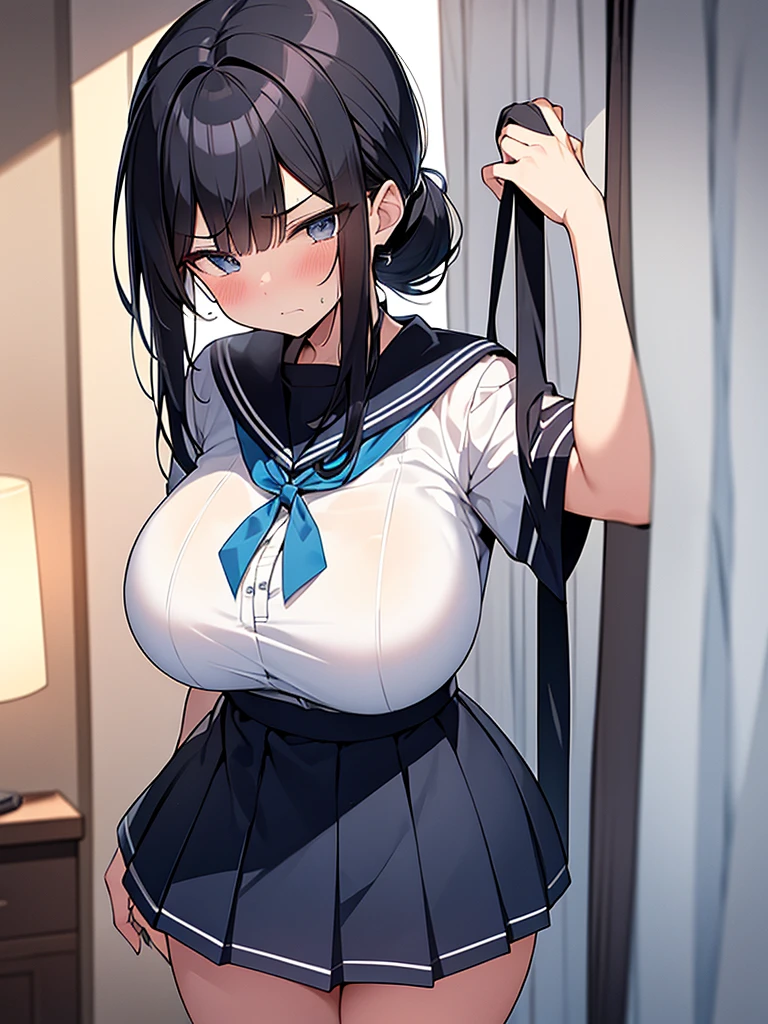 NSFW:1.9 White short-sleeved sailor suit:1.9 White sleeves, dark blue collar, dark blue scarf, dark blue uniform pleated skirt:1.9 Ponytail White Panties:1.3 Sex:1.9. Anime drawings with vivid colors: Tall women:1.9 Standing posture: Spread your legs wide:1.3 Sweat, breasts, buttocks, troubled face, glaring, wrinkled brows, flushed cheeks, night:1.3 Apartment bedroom, white sheets, short black hair, ponytail:1.9 Straight hair, bangs swept to the side:1.9. Slanted eyes, brown eyes, tall, big breasts, strong-willed, beautiful