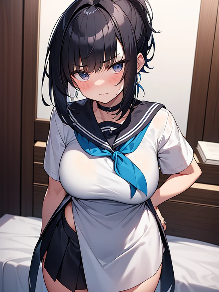 Cowboy Shot White Sailor Uniform Short Sleeve:1.9 Sleeve color is white, dark blue scarf, dark blue collar, dark blue uniform pleated skirt:1.9 Black knee-high socks, ponytail, white underwear:1.3. Anime drawings with vivid colors. Standing tall woman:1.9 Sweat, breasts, troubled face, glaring, wrinkled brows, flushed cheeks, night:1.3 Apartment bedroom, white sheets, short black hair, ponytail:1.9 Straight hair, bangs swept to the side:1.9. Slanted eyes, brown eyes, tall, big breasts, strong-willed, beautiful