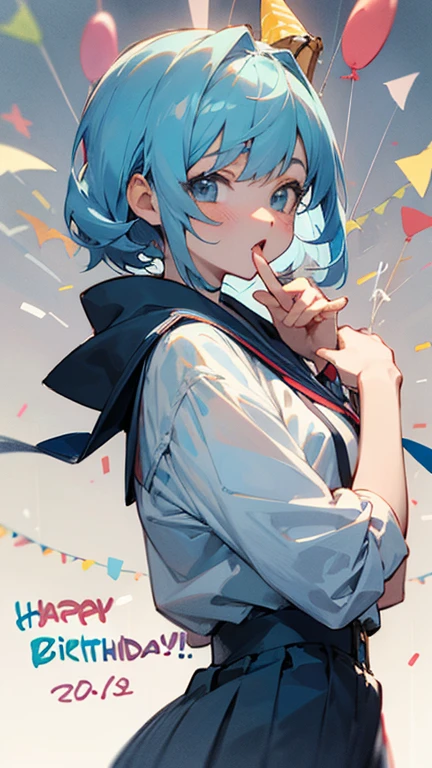 anypose anime adolescente,short and light blue hair birthday girl, celebrating birthday