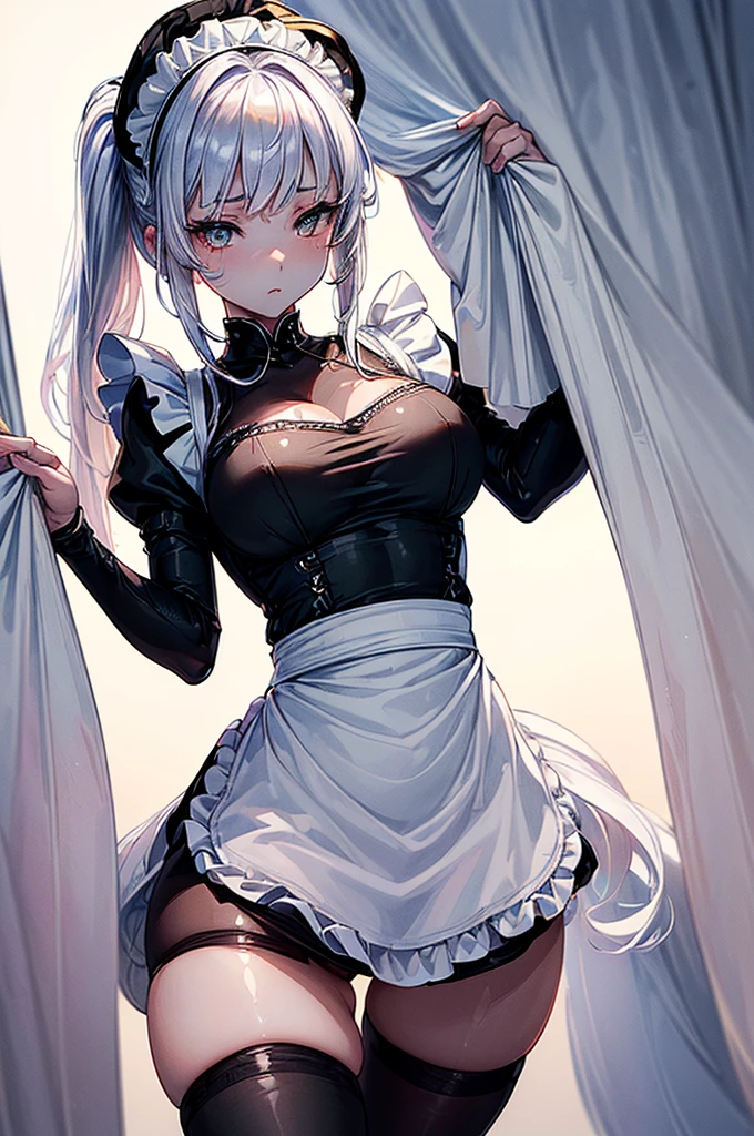 ((highest quality)),(ultra high resolution),(Super detailed),(detailed description),((best CG)),(best work of art),super precision art, great drawing art,(Art with precise details:1.5), ( simple black form-fitting maid uniform with a white apron and white stockings 1 age girl:1.5), beautiful and well-shaped face:1.5,(Beautiful skin with precise and detailed depiction:1.6),(:1.5),provocative angle:1.6,gorgeous, beautiful young teengirl, 18 years old,  luminous snow white hair, enchanting golden colored eyes, tiger ears, white striped tiger tail, tall height (190cm), slim thick body type with mouth-watering curves