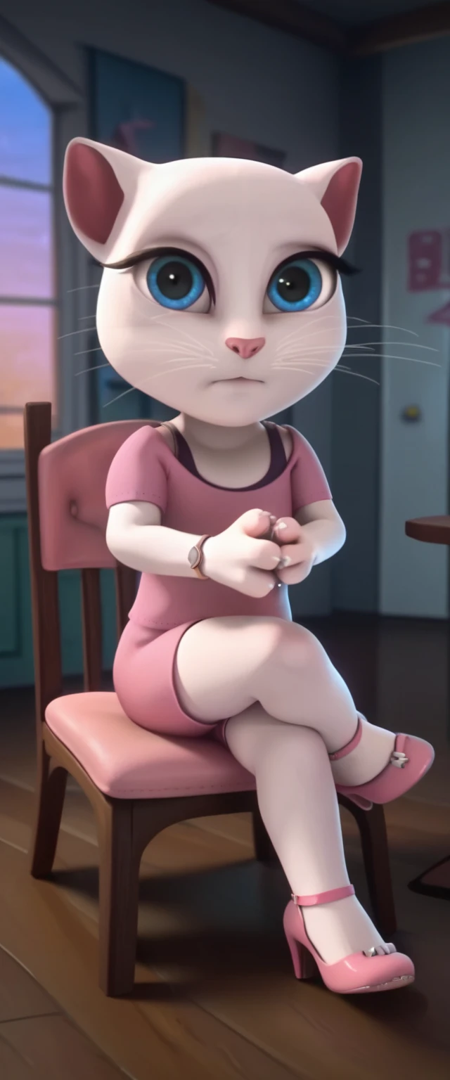 1 girl, cat, white fur, long whiskers on both sides of the face, large bright blue eyes, large black eyelashes, small pink nose, triangular ears with pink channels. There are naked. There are high heels. side focused view woman sitting on chair with crossed legs