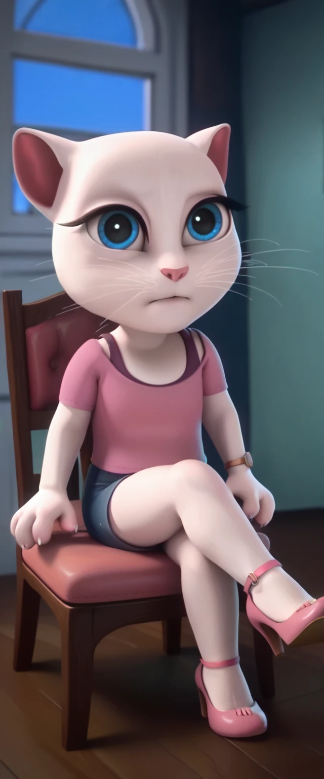 1 girl, cat, white fur, long whiskers on both sides of the face, large bright blue eyes, large black eyelashes, small pink nose, triangular ears with pink channels.   There are naked.   There are high heels.    side focused view woman sitting on chair with crossed legs