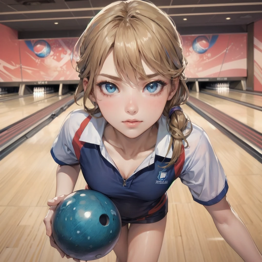  masterpiece, (textured skin), best quality, gorgeous beautiful girl, (a female bowling athlete), detailed clothes,large breasts,narrow waist,, (beautiful face), cinematic lighting, (at bowlingl venue ),