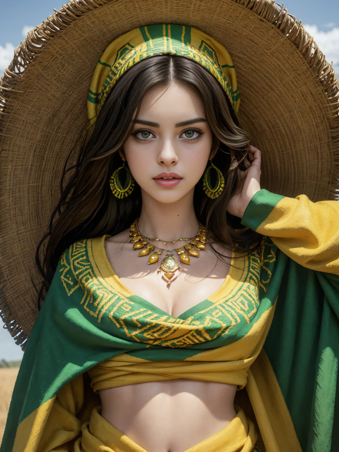 Beautiful Brazilian woman photographed looking at the camera, olhar envolvente, inteligente tipo suave, natural, tradicional pele escura bonita 30 anos de idade mulher brasileira "deusa das plantas" law and smooth background head dress of brazilian flowers --auto --s2