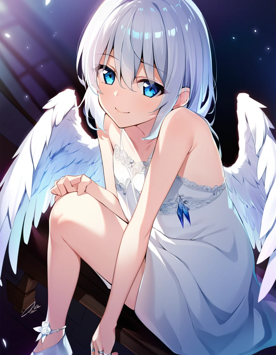 one girl, pure white angel, , white dress, sitting, light blue eyes, big angel wing, happily, blush, look at me, naive, angel rings, white hair, my sweat angel