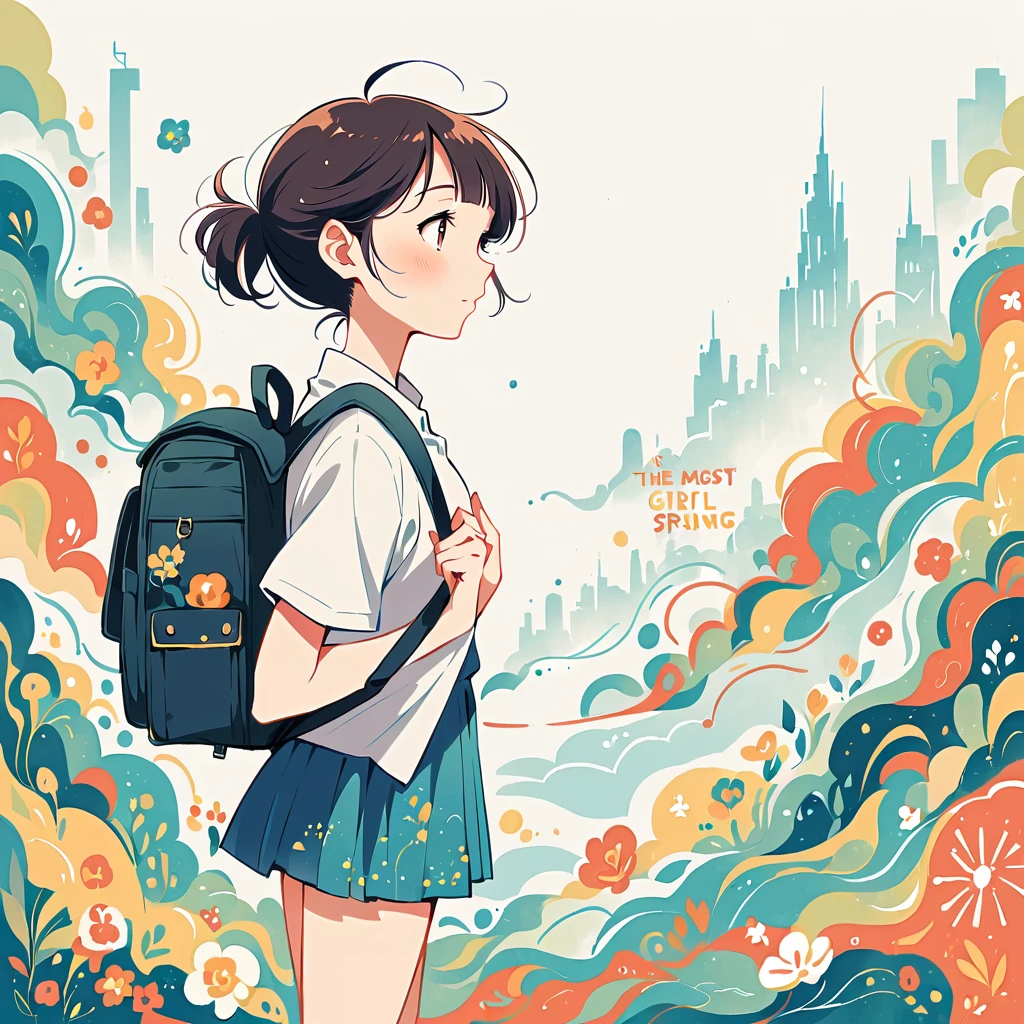 Fujichoco style, Standing in front of a high wall，Girl with backpack on rooftop，My backpack is full of happy spring，Simple Line Initialism，Abstract art，Urban Background, (((The most beautiful girl))),