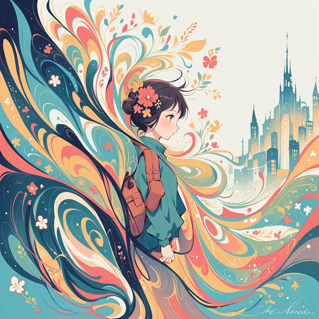Fujichoco style, Standing in front of a high wall，Girl with backpack on rooftop，My backpack is full of happy spring，Simple Line Initialism，Abstract art，Urban Background, (((The most beautiful girl))),