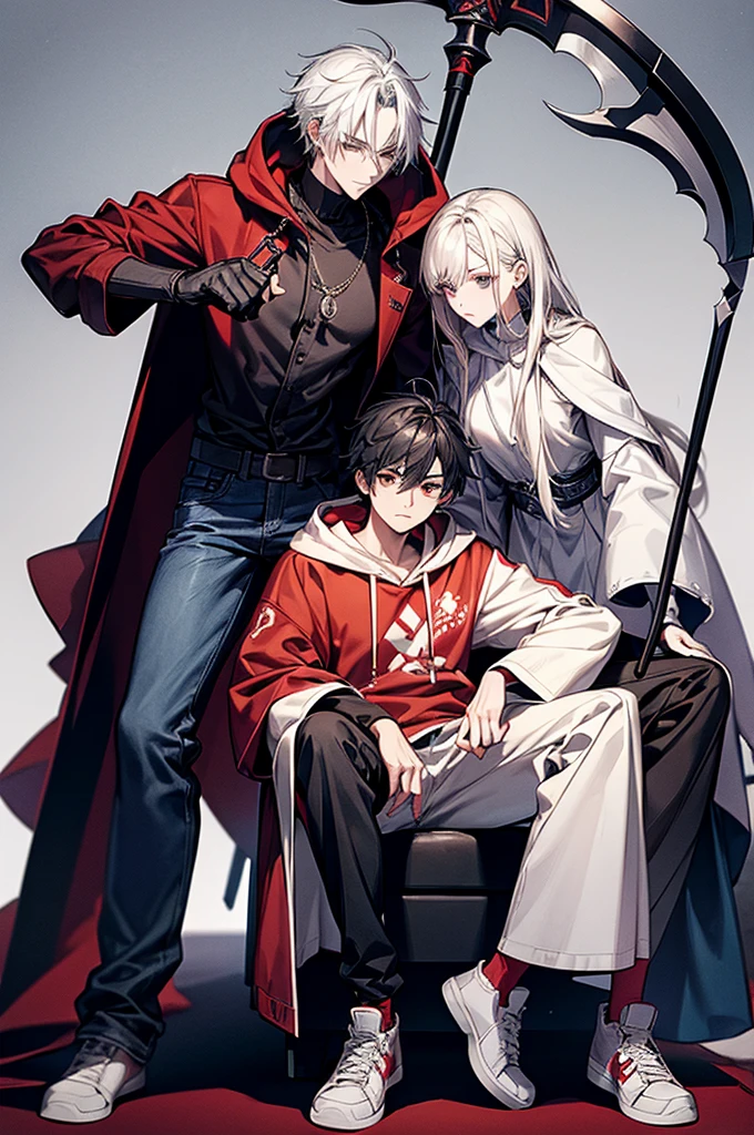 1male, White mask covering entire face, Red hoodie, White lab coat, Slightly baggy blue jeans, Black gloves, Red, white sneakers, Some black hair poking out from the top of the mask, Has a scythe, baggy jeans, For my avatar's pose, I want them to be sitting on a chair, hunched forward, leaning on a scythe, chin on hand and staring straight