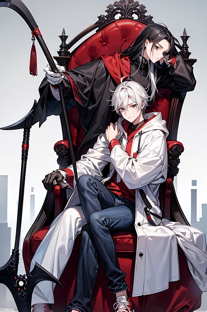 1male, White mask covering entire face, Red hoodie, White lab coat, Slightly baggy blue jeans, Black gloves, Red, white sneakers, Some black hair poking out from the top of the mask, Has a scythe, baggy jeans, For my avatar's pose, I want them to be sitting on a chair, hunched forward, leaning on a scythe, chin on hand and staring straight