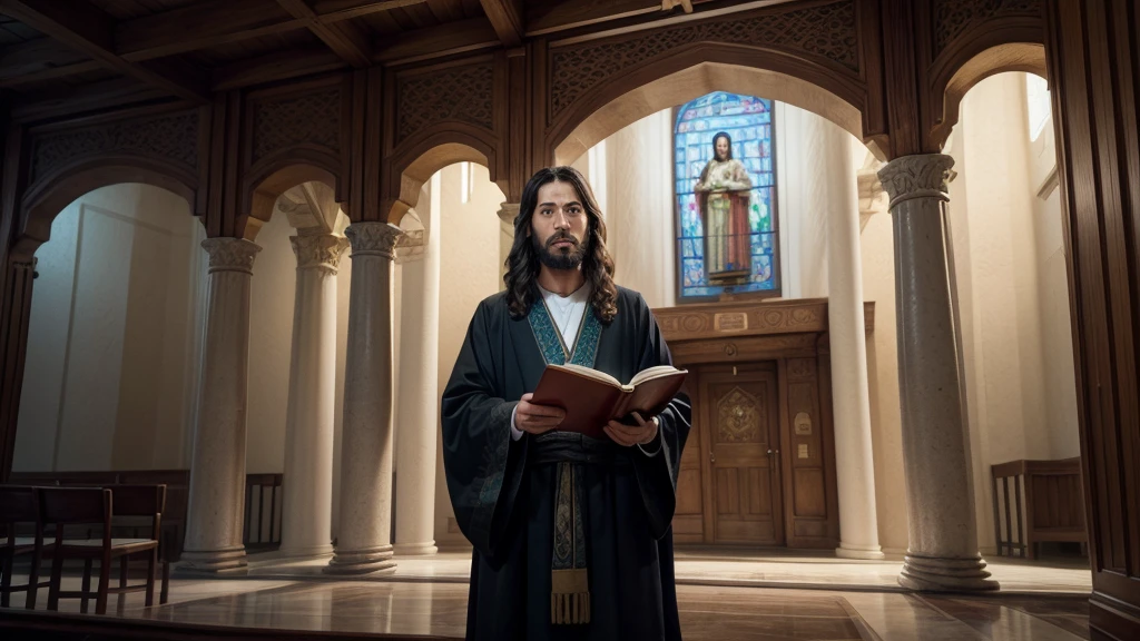 **Command prompt for creating thumbnail:**

"Create a thumbnail with Jesus preaching the word in the synagogue. Jesus should be on the right of the close-up image, with a serene and engaging expression. The synagogue must be visible in the background, with details that show the historical and religious environment, such as Torah scrolls and traditional decoration. Use a color palette that highlights the figure of Jesus and the surrounding scenery, keeping the image clear and attractive."