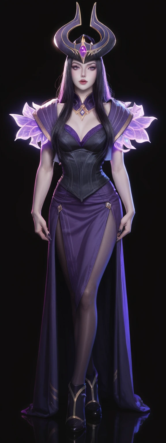 realistic, score_9, score_8_up, score_7_up, score_6_up, 
1girl, solo, from front, full body, Syndra \(league of legends\),  black background, makeup, sidelighting, backlighting, glowing,