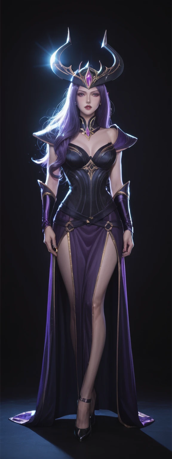 realistic, score_9, score_8_up, score_7_up, score_6_up, 
1girl, solo, from front, full body, Syndra \(league of legends\),  black background, makeup, sidelighting, backlighting, glowing,