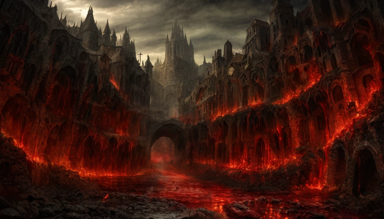 Create a realistic abstract fantasy landscape of a medieval city. The scene is dark and mysterious, with a predominance of dark shades and deep reds. Streams of blood flow through the streets, with organs tered around and piles of bodies, primarily humanoid creatures, lying about. The city is marked with scorch marks and dark, blood-red fires raging under a dark sky. The only source of light is a shattered, ashy dark moon, casting an eerie glow over the landscape. Thick, red blood rains down from the sky, adding to the grim atmosphere. Masterpiece Create a realistic abstract fantasy landscape of a medieval city in ruins. The scene is dark and mysterious, evoking despair, war, and decay. The streets are narrow, resembling those of a typical city, and are filled with detailed, thick streams of dark, realistic blood, still liquid and flowing like a river or stream, as if only an hour or two old. The road is scatd with detailed gore and piles of bodies, primarily humanoid creatures, lying around. The city buildings, which were once bright and well-kept, are now marked with scorch marks, small dark red fires spreading outwards with embers flickering. The architecture should be less gothic and more reminiscent of a human-inhabited city. The sky is overcast with dense clouds, and the only source of light is a shattered, ashy dark moon casting an eerie glow over the landscape. The scene takes place in the middle of the night with a bit of rain, enough to be noticeable but not enough to put out the fires, making the ground a bit muddy with the river of blood flowing through it down the road, branching off into streams that connect to the corpses. drips from hanging objects and flows down the road, while the fires spread slowly, adding to the grim and unsettling mood of the scene.Create a realistic abstract fantasy landscape of a medieval city in ruins. The scene is dark and mysterious, evoking despair, war, and decay. The streets are narrow, resembling those of