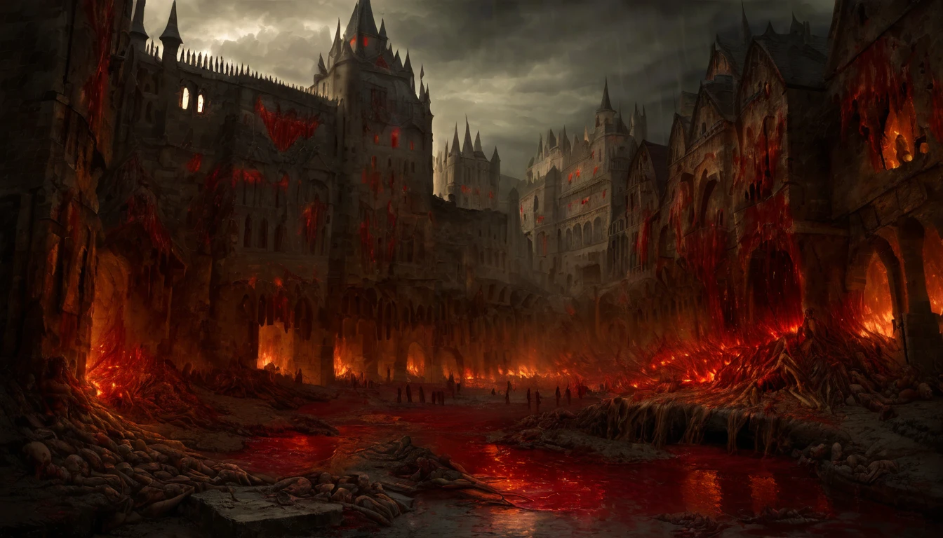 Create a realistic abstract fantasy landscape of a medieval city. The scene is dark and mysterious, with a predominance of dark shades and deep reds. Streams of blood flow through the streets, with organs scattered around and piles of bodies, primarily humanoid creatures, lying about. The city is marked with scorch marks and dark, blood-red fires raging under a dark sky. The only source of light is a shattered, ashy dark moon, casting an eerie glow over the landscape. Thick, red blood rains down from the sky, adding to the grim atmosphere. Masterpiece Create a realistic abstract fantasy landscape of a medieval city in ruins. The scene is dark and mysterious, evoking despair, war, and decay. The streets are narrow, resembling those of a typical city, and are filled with detailed, thick streams of dark, realistic blood, still liquid and flowing like a river or stream, as if only an hour or two old. The road is scattered with detailed gore and piles of bodies, primarily humanoid creatures, lying around. The city buildings, which were once bright and well-kept, are now marked with scorch marks, small dark red fires spreading outwards with embers flickering. The architecture should be less gothic and more reminiscent of a human-inhabited city. The sky is overcast with dense clouds, and the only source of light is a shattered, ashy dark moon casting an eerie glow over the landscape. The scene takes place in the middle of the night with a bit of rain, enough to be noticeable but not enough to put out the fires, making the ground a bit muddy with the river of blood flowing through it down the road, branching off into streams that connect to the corpses. Blood drips from hanging objects and flows down the road, while the fires spread slowly, adding to the grim and unsettling mood of the scene.Create a realistic abstract fantasy landscape of a medieval city in ruins. The scene is dark and mysterious, evoking despair, war, and decay. The streets are narrow, resembling those of