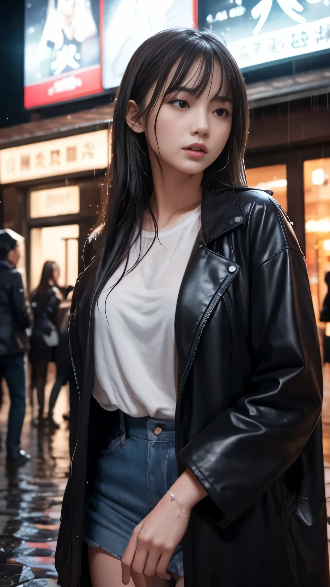 (Best-quality, Masterpiece, Ultra-High-Resolution, (Photorealistic:1.4), Raw Photo, depth of field, professional lighting, perfect anatomy, extremely details), front view, 1girl, 15-years-old, the most famous Japanese idol, ((standing on street in heavy-rain)), extremely wet casual-dress from heavy-rain, extremely beautiful and extremely wet body from heavy-rain, extremely beautiful and extremely wet thighs from heavy-rain, ((detailed heavy-rain):1.7)