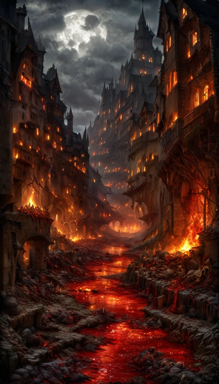 Create a realistic abstract fantasy landscape of a medieval city. The scene is dark and mysterious, with a predominance of dark shades and deep reds. Streams of blood flow through the streets, with organs scattered around and piles of bodies, primarily humanoid creatures, lying about. The city is marked with scorch marks and dark, blood-red fires raging under a dark sky. The only source of light is a shattered, ashy dark moon, casting an eerie glow over the landscape. Thick, red blood rains down from the sky, adding to the grim atmosphere. Masterpiece Create a realistic abstract fantasy landscape of a medieval city in ruins. The scene is dark and mysterious, evoking despair, war, and decay. The streets are narrow, resembling those of a typical city, and are filled with detailed, thick streams of dark, realistic blood, still liquid and flowing like a river or stream, as if only an hour or two old. The road is scattered with detailed gore and piles of bodies, primarily humanoid creatures, lying around. The city buildings, which were once bright and well-kept, are now marked with scorch marks, small dark red fires spreading outwards with embers flickering. The architecture should be less gothic and more reminiscent of a human-inhabited city. The sky is overcast with dense clouds, and the only source of light is a shattered, ashy dark moon casting an eerie glow over the landscape. The scene takes place in the middle of the night with a bit of rain, enough to be noticeable but not enough to put out the fires, making the ground a bit muddy with the river of blood flowing through it down the road, branching off into streams that connect to the corpses. Blood drips from hanging objects and flows down the road, while the fires spread slowly, adding to the grim and unsettling mood of the scene.Create a realistic abstract fantasy landscape of a medieval city in ruins. The scene is dark and mysterious, evoking despair, war, and decay. The streets are narrow, resembling those of