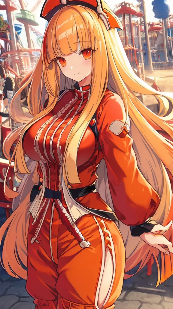 best quality, extremely detailed,anime style girl,((wavy)) long hair,((((blunt bangs)))),(hair between eyes),bright blond hair,beautiful detailed eyes,Orange eyes,Sharp eyes with many eyelashes,huge breasts,(((casual scarlet clothing))),short pants,trousers,hair ornament,((((amusement park)))),smile,dynamic pose