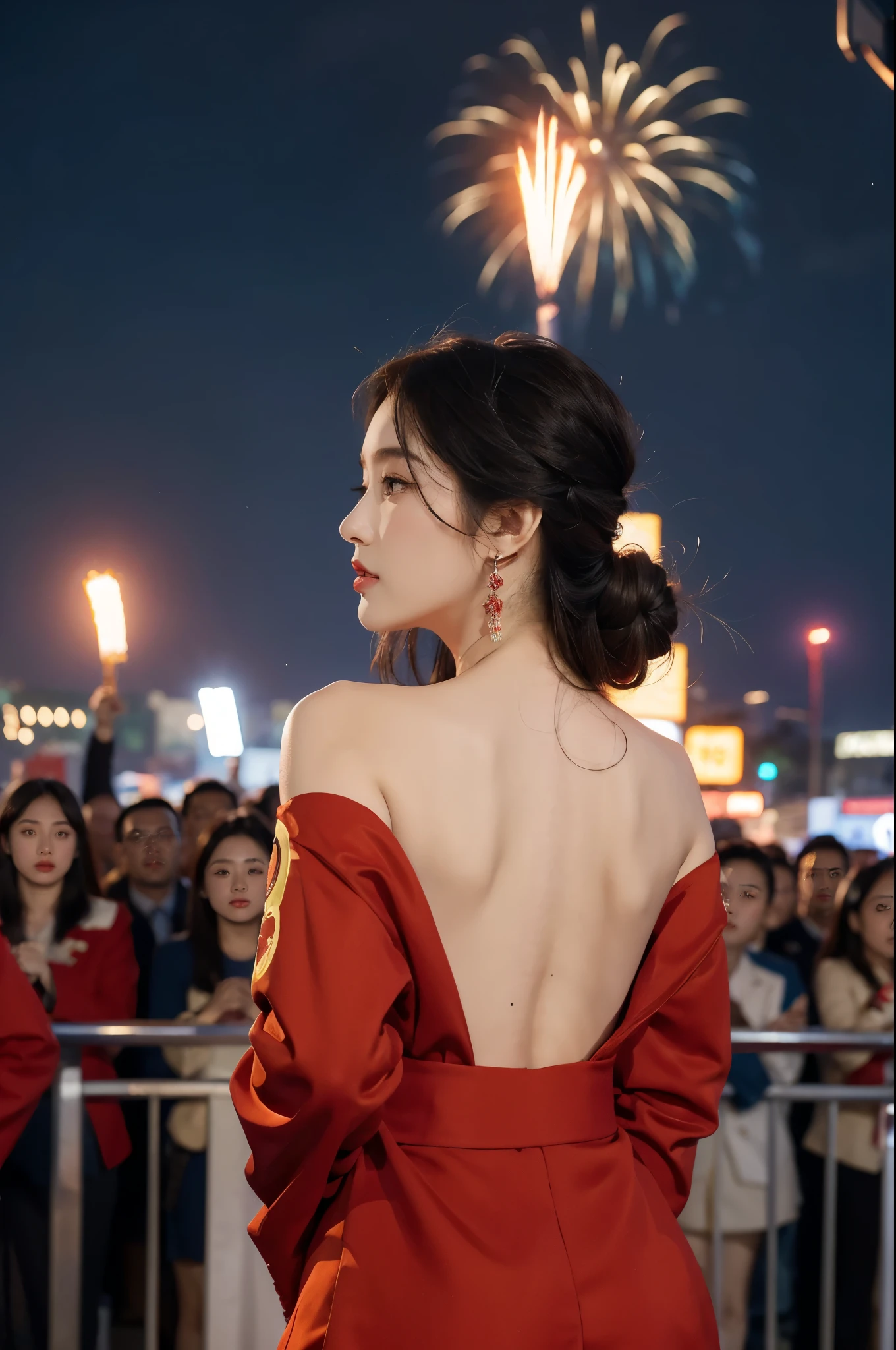 (((best quality))),(((ultra detailed))),(((masterpiece))),illustration, ((Olympic Opening Ceremony,in Paris,summer night,magnificent National stadium of France,Olympic flame, fireworks)),(crowded crowds of enthusiastic spectators:1.3),((a beautiful Chinese girl,solo)),((shoulder length straight hair:1.2)),((slim,thin)),((shoulder off,strapless,bare back,towering hips,butt crack)),(red blazer:1.5),(yellow dress:1.2),excited expression, awe, celebrating, electric atmosphere, sense of pride, excitement, playing field, crowd energy, unity, camaraderie, representing China, historic event, memorable moment,((from back,upper body))