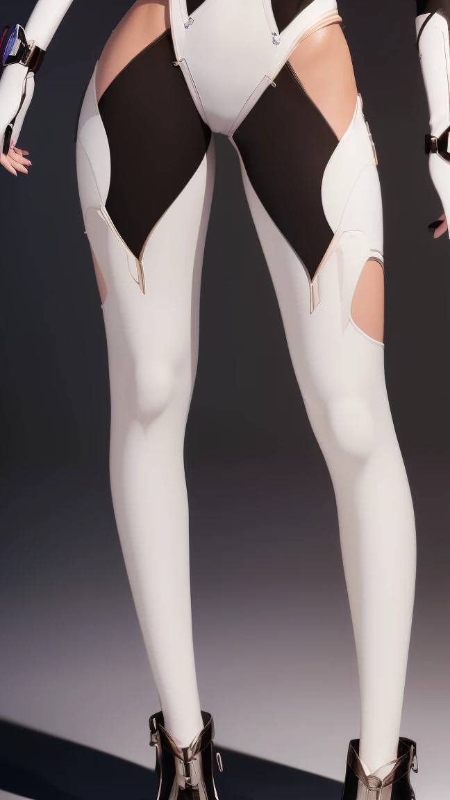 Woman with perfect body, Bunny The First Descendant Ultimate Skin, dressed in a Maio sex and fitted to the body with white, black and chrome details and with her legs showing, in front of her full body, with eyes and mouth showing