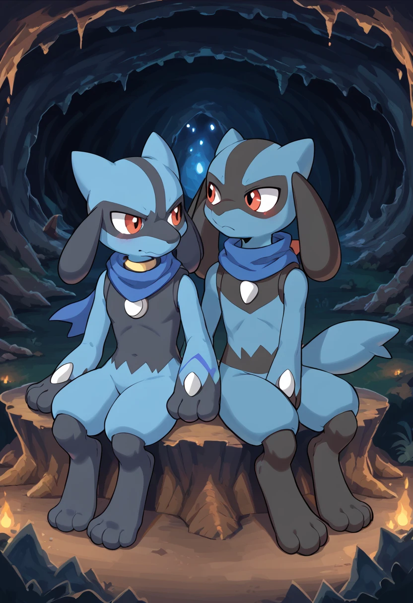 Pokémon Mystery Explorers、Riolu、Blue scarf、Sitting、bonfire、cave、night、speaking