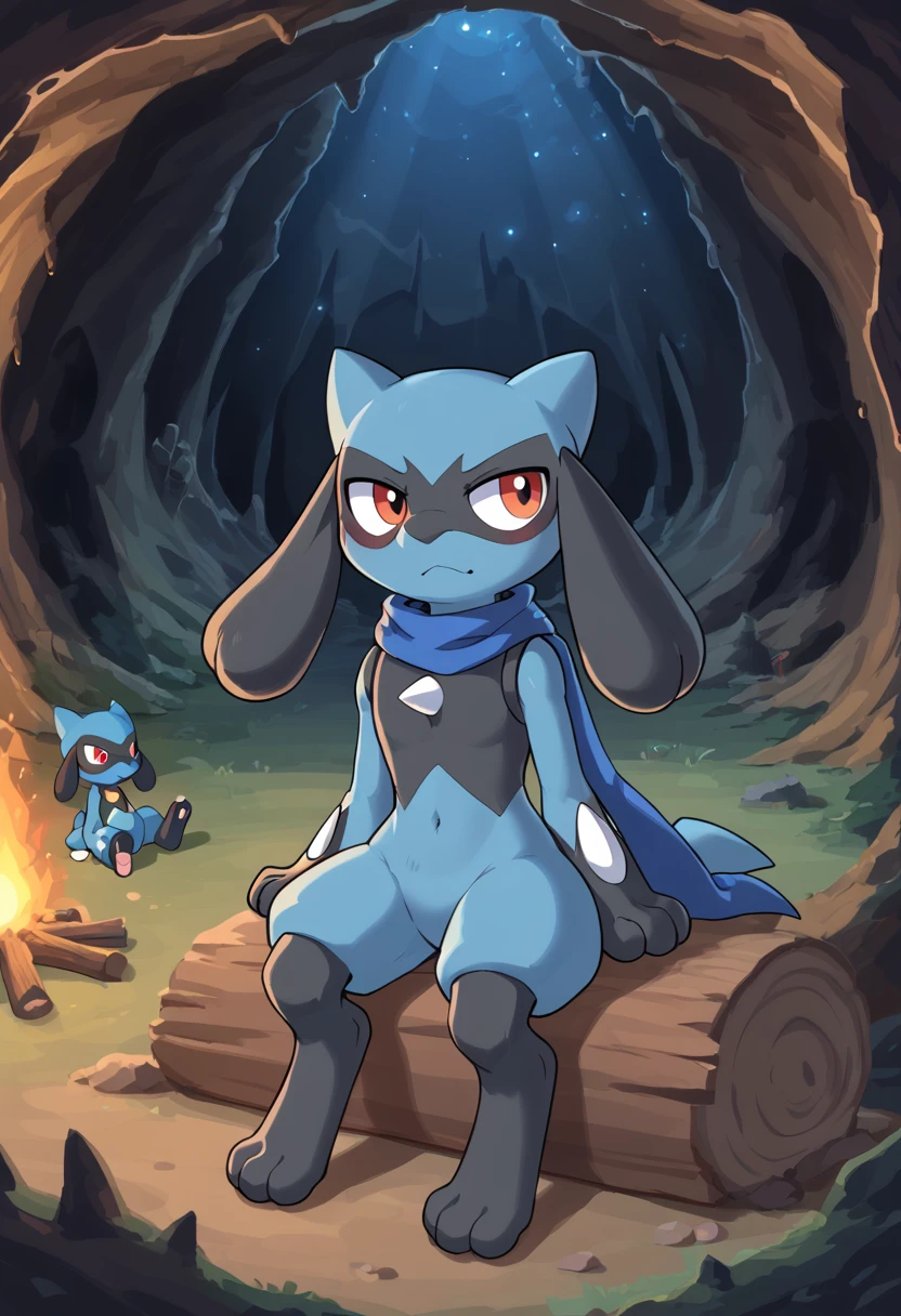 Pokémon Mystery Explorers、Riolu、Blue scarf、Sitting、bonfire、cave、night、speaking