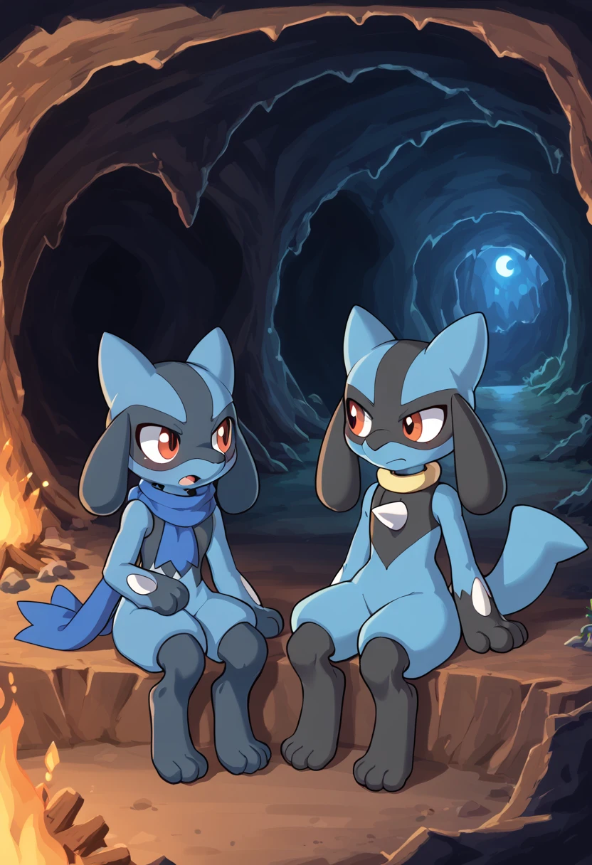 Pokémon Mystery Explorers、Riolu、Blue scarf、Sitting、bonfire、cave、night、speaking