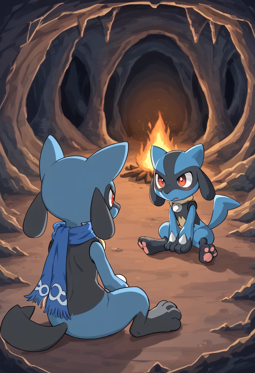 Pokémon Mystery Explorers、Riolu、Blue scarf、Sitting、bonfire、cave、night、speaking