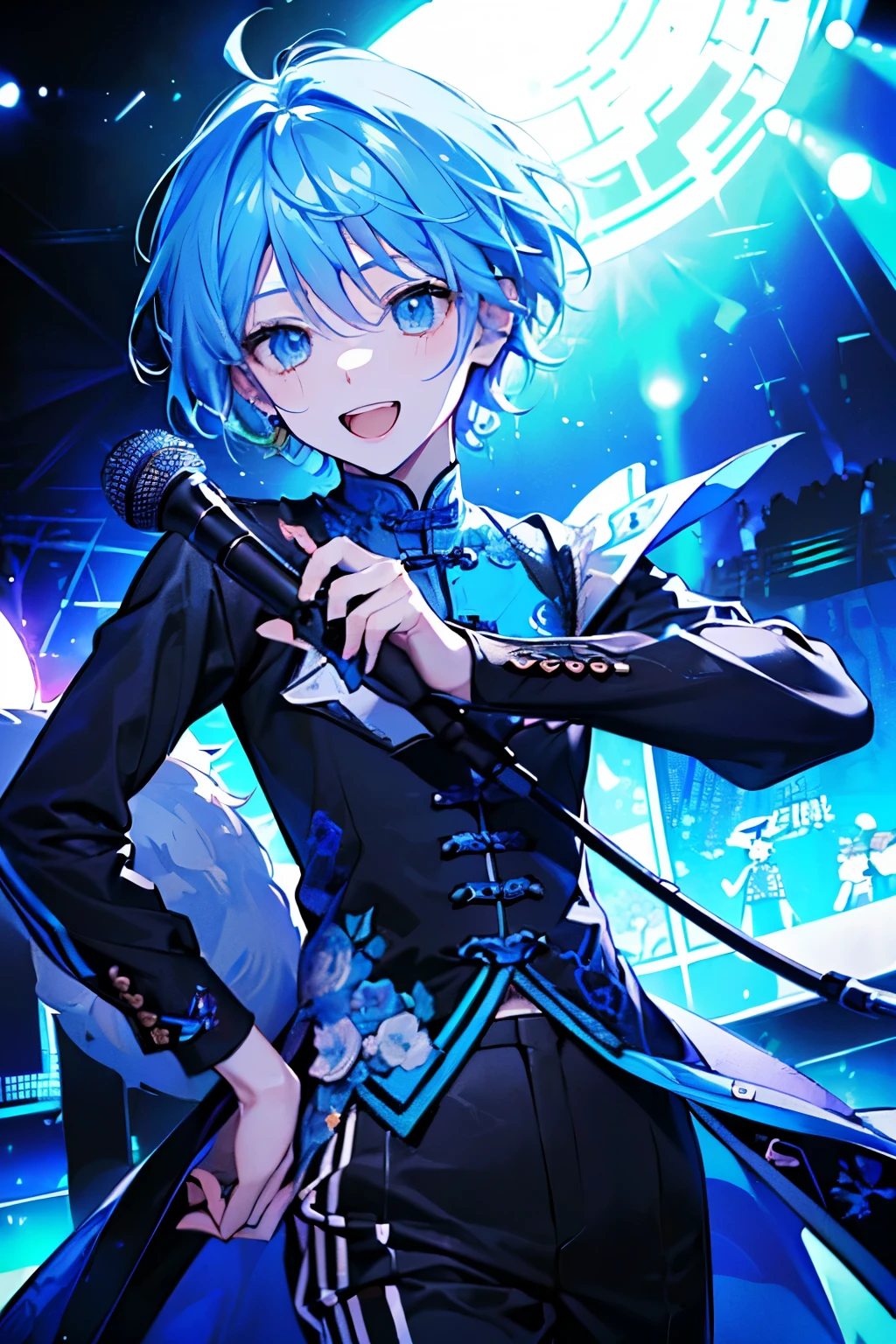 ((cute,kawaii,wonderland)),(Shy laugh、🥺),(Microphone Performance、Fansa:1.25),((boy,Men's,male:1.2)),((Live Stage:1.25)),((Futuristic clothing:1.25)),((male性アイドル:1.15)),Angle from below,Angle of incitement,((Live Stage:1.25)),(Short Hair:1.3),((blue、White、Light、black:1.1)).