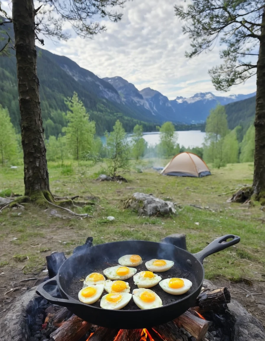 eggs are cooking on a pan on a campfire near a tent, camping, setting in nature, by Dietmar Damerau, 🚿🗝📝, by Alexander Bogen, by Karl Völker, paradise in the background, very close to real nature, by Niko Henrichon, beautiful place, by Oskar Lüthy
